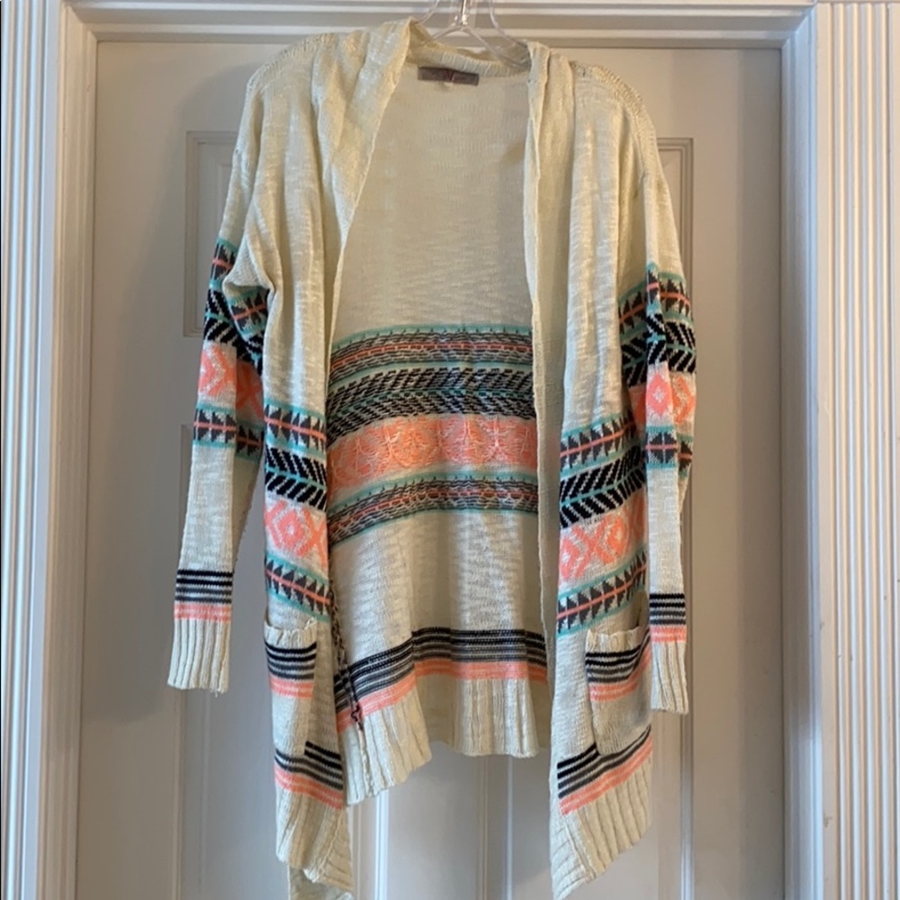 Tribal sweater cardigan in cream, pink and teal